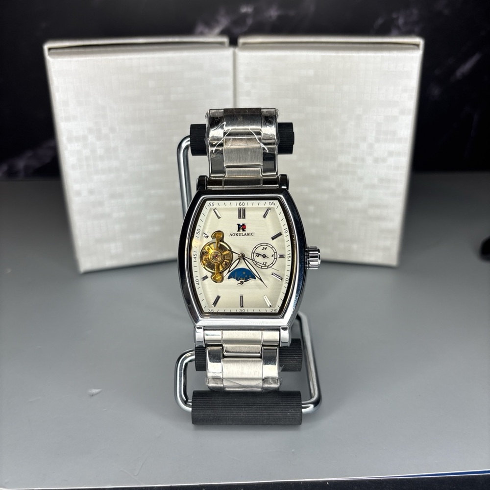 Men's Silver Stainless Steel Automatic Watch with Cream Dial